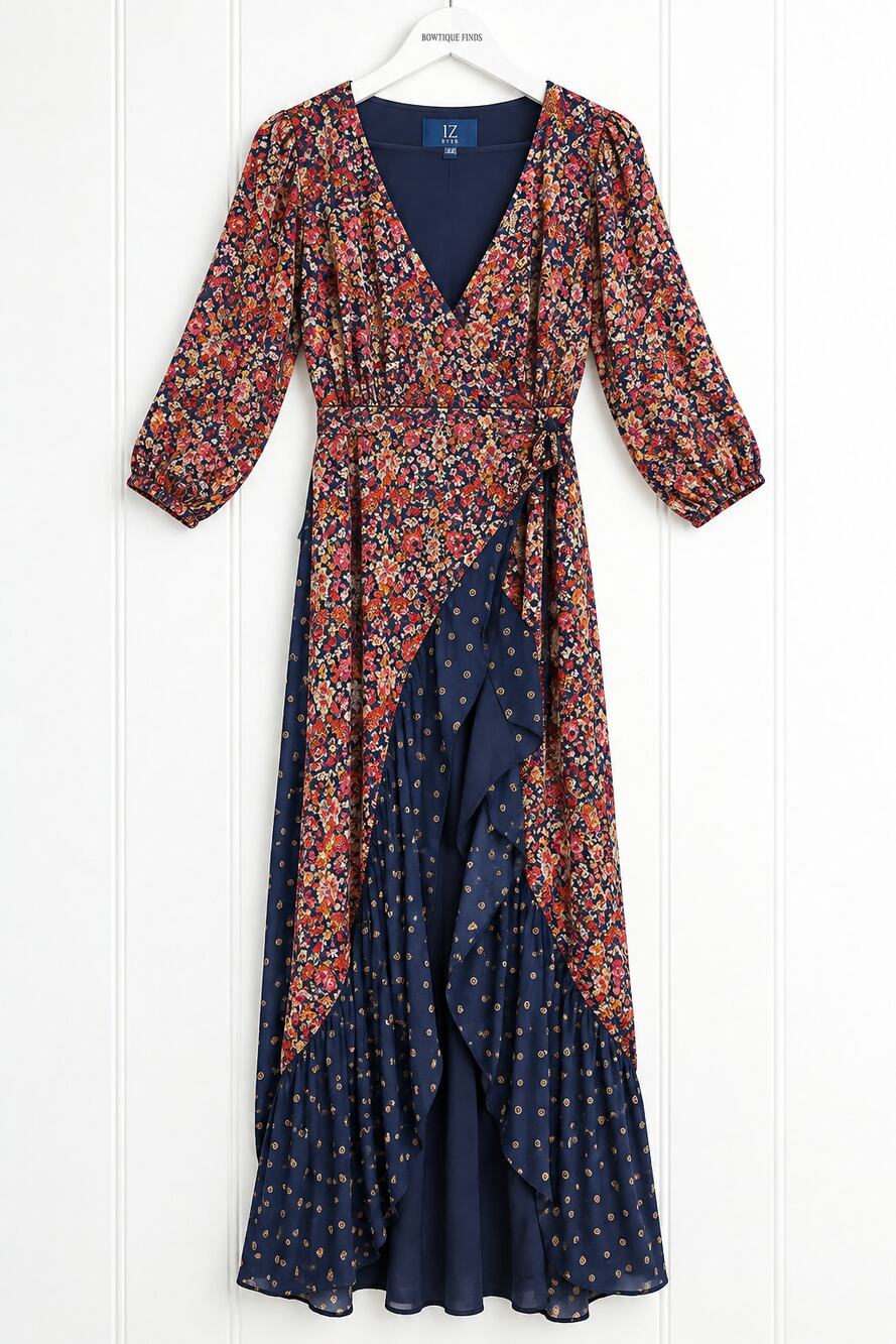 Biltmore Wrap Dress Women XS Navy Pink Floral Ruffle Hem Long Sleeve Maxi